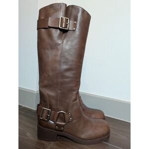 Arezzo Arezzo Women Boots 7.5M Clara Knee High Moto Buckle Low‎ Block Heel Brown
